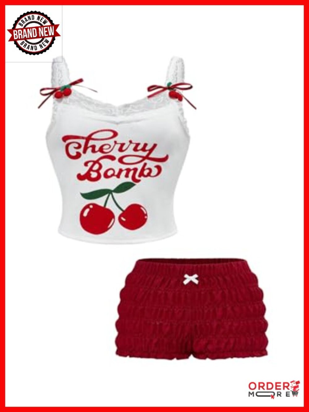Cherry Lace Crop Top and Bloomers Shorts Set 2 Piece Vacation Outfit Sleeveless
